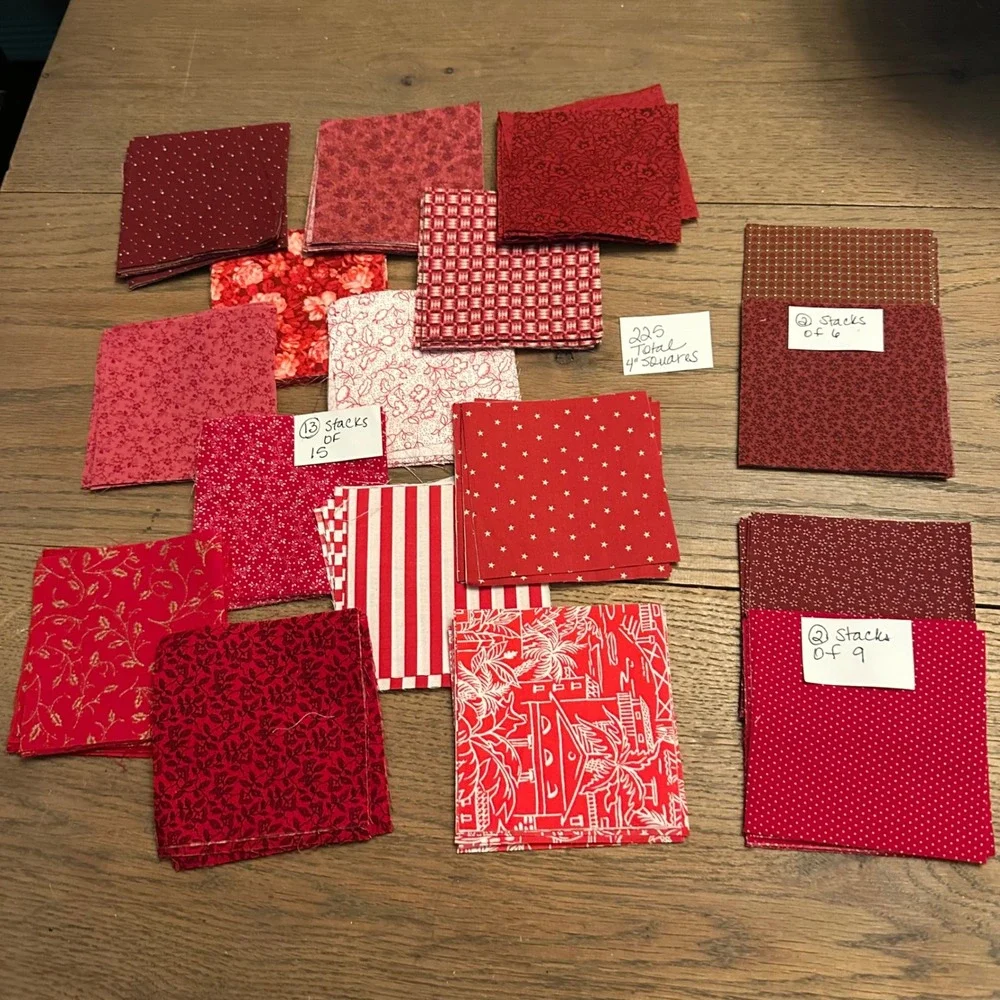 225 Red Burgundy 4 Inch Quilt Squares Fabric Scraps Lot Floral Stars Dots Stripe